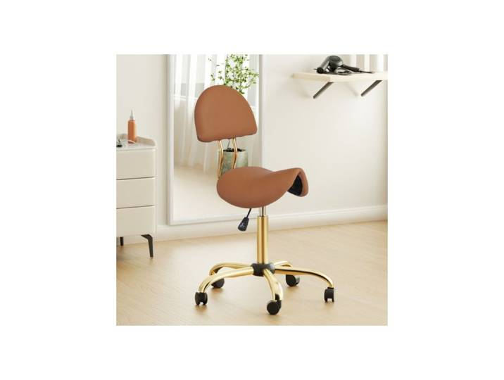 Tabouret roulettes Professionnel avec Dossier VINGLI Tabouret de Selle Rotation à 360° Hauteur Réglable 70-85cm PU Marron + Or
