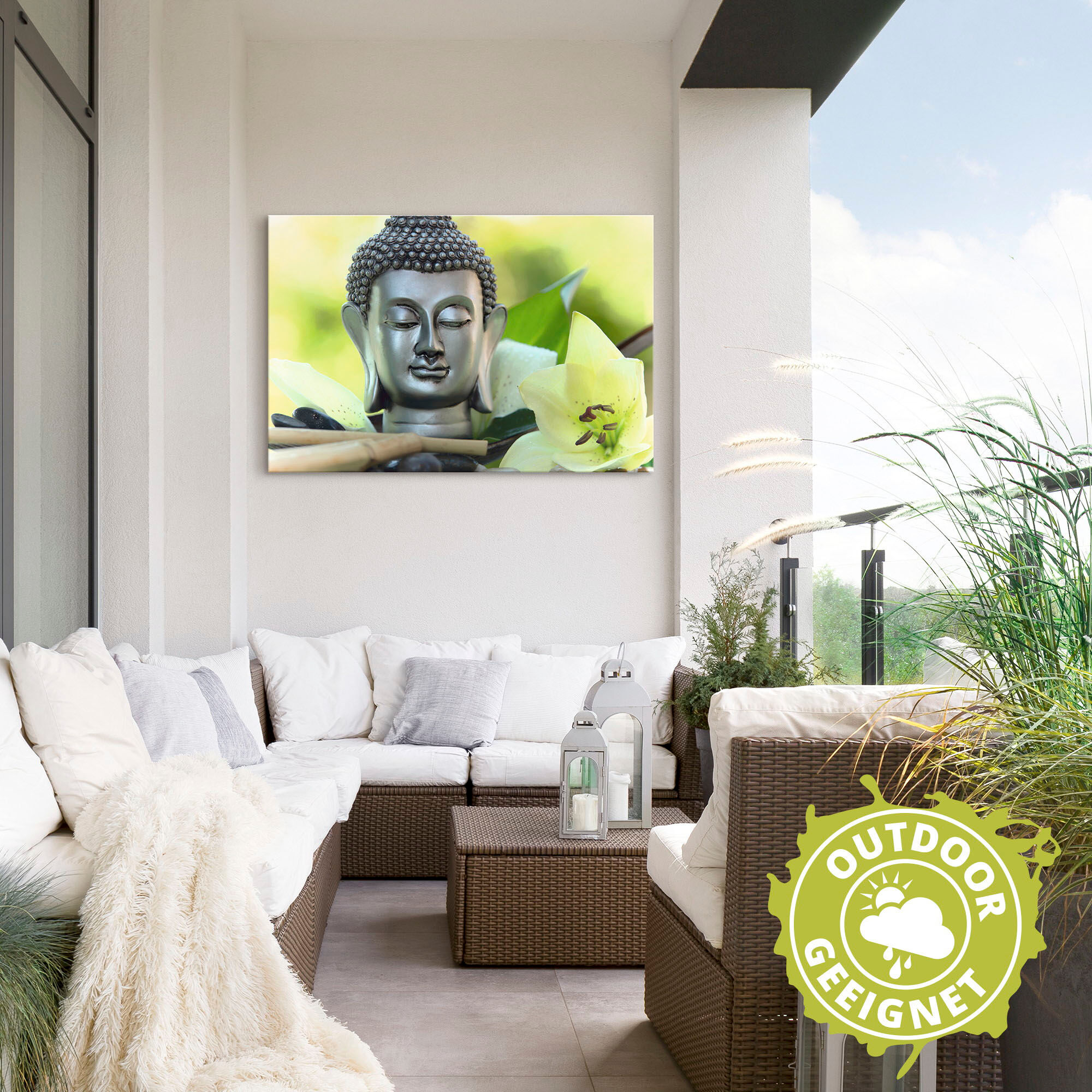 Wandbild ARTLAND "Entspannung und Ruhe mit Buddha", grün (farbe bild(er): grün), B:90cm H:60cm, Bilder, Wandbild, als Alubild, Poster in verschied. Grössen farbe bild(er): grün B/H/T: 90cm x 60cm, Alu-Dibond-Druck Buddhismus Querformat, 1 Stk.