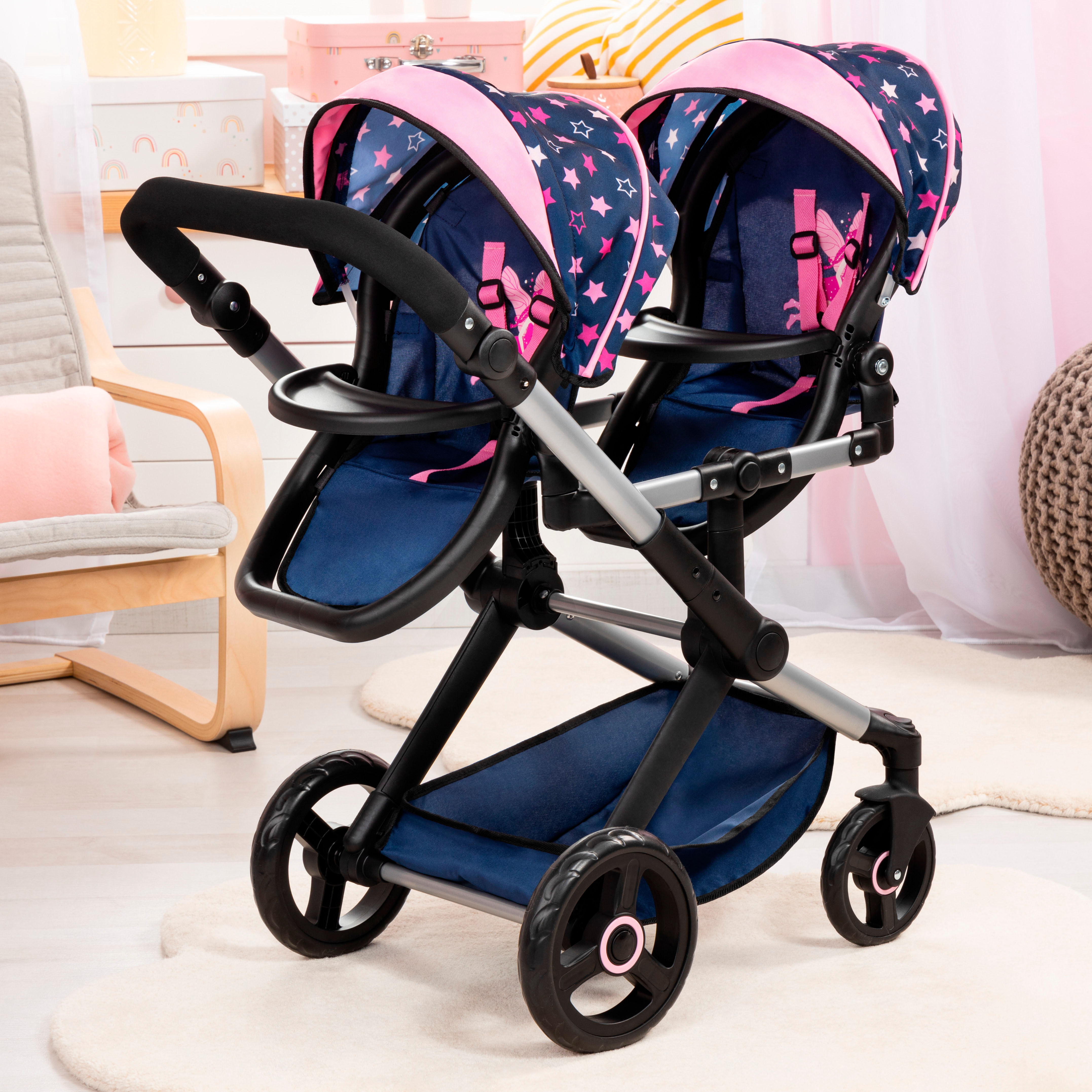 Puppen-Zwillingsbuggy BAYER "Xeo Twin", blau (blau, pink mit fee), Puppenwagen, KinderB:35cm H:76,5cm T:80cm, Kunststoff, Metall, Stoff, Puppen-Zwillingsbuggy, mit Wickeltasche, B:35cm H:76,5cm T:80cm
