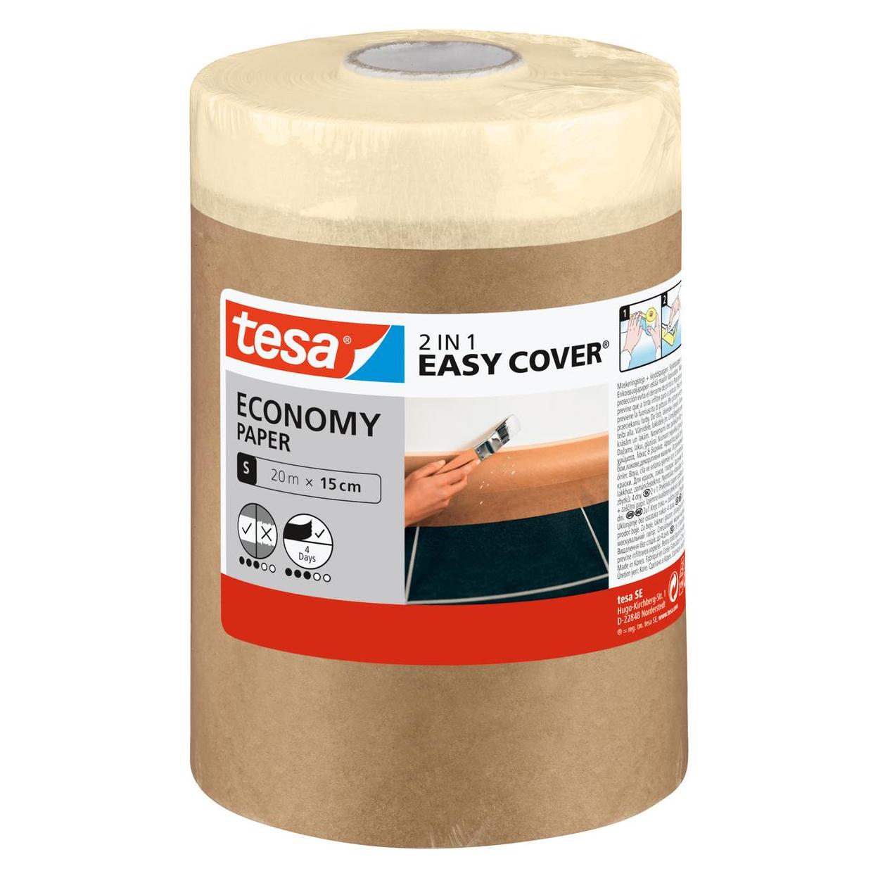 tesa Easy Cover ECONOMY Papier Refill - 2in1 Malerabdeckpapier mit selbstklebendem Abdeckband (150 mm) (58880-00000-04)