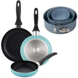 BERGNER - Set aus 3 Pfannen Ø16/20/24cm aus gepresstem Aluminium in matt-blau mit 3-teiliges Set runde Backformen Ø12/18/22 cm