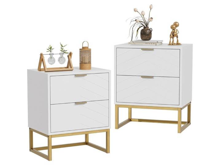 GOOBUY Lot de 2 Tables de Chevet Tables de Nuit avec Deux Tiroirs Table d'Appoint avec Pieds Métal Motif de Ligne Blanc
