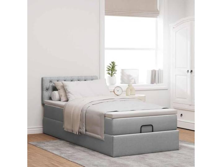 KTHLBRH Pouf Bett 90 x 190 cm mit Federkernmatratze Hellgrau, Stoff 100 % Polyester, Stauraum, hydraulischer Aufzug