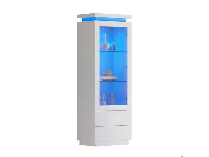Vitrine haute 60x40x171 cm blanche laquée brillante avec LED porte acrylique et 2 tiroirs FOLYNA