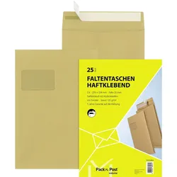 MAILmedia Faltentasche C4 haftklebend mit Fenster 20mm Falte braun 25 Stück