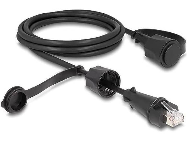 DeLOCK Network Cable RJ45 plug to RJ45 plug Cat.6 STP with protective cap outdoor IP68 dust- and waterproof black 2 m