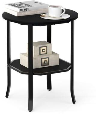Costway Round Side Table Small End Table with Storage Shelf 2-Tier Nightstand for Small Space-Black