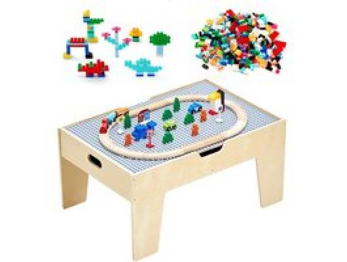 VEVOR Table Circuit Train Bois, avec 290 Briques de Construction 30 Accessoires, Ensemble Rail de Train et Véhicules, Grand Espace de Rangement, Table Activités Créativité pour Enfants 3 Ans et Plus