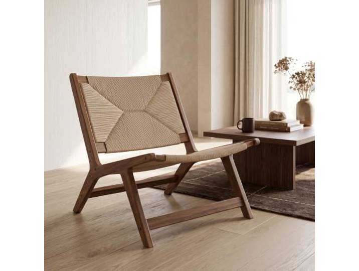 LIMHOME Loungesessel ZSH005 aus walnussfarbenem Eichenholz mit Papierkordel an Sitz und Rücken, niedriger Sessel für das Wohnzimmer, Walnussfarben