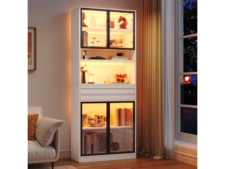 Vitrine d'Exposition - 80x35x200cm - Bibliothèque de Salon avec LED 4 Portes en Verre 1 Tiroir Étagères en MDF et Verre - Blanc