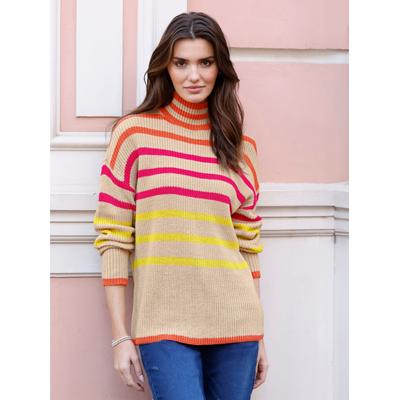Stehkragenpullover CLASSIC BASICS "Stehkragen-Pullover", Damen, Gr. 46, bunt (sand, orange, gestreift), 100% Polyacryl, gemustert, gestreift, mehrfarbig, Pullover Stehkragenpullover