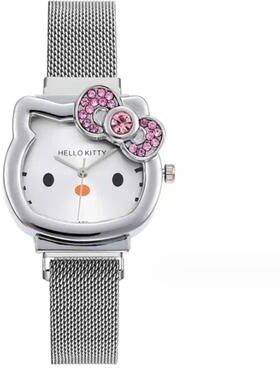 Uplift Essentials Hello Kitty Crystal Bow Magnet Watch Fashionable Sanrio Anime Quartz Timepiece For Girls & Fans silver