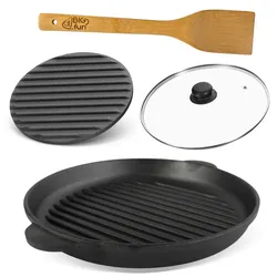 BRIZOLL Ø28cm Grillpfanne aus Gusseisen Bräter mit Pressdeckel Glasdeckel Pfannenwender Schmortopf zwei Griffe Servierpfanne Grill