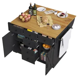 OKWISH Kücheninsel Servierwagen klappbar Schwarz 147x70x93 cm mit Klapptisch Funktion, großem Stauraum, MDF Metall, mobilem Sideboard Design