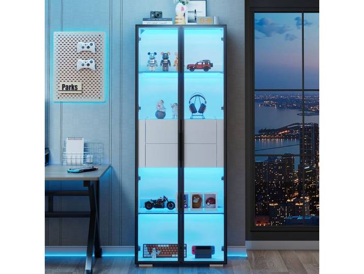 Buffet haut - TANANT - Moderne - Vitrine en verre - Éclairage LED - 2 tiroirs - Blanc