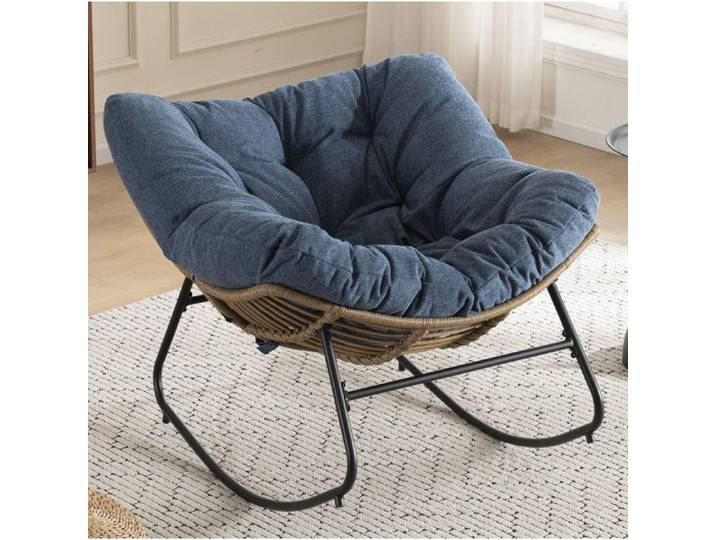 Fauteuil à bascule œuf en chenille bleue avec structure en métal style papasan