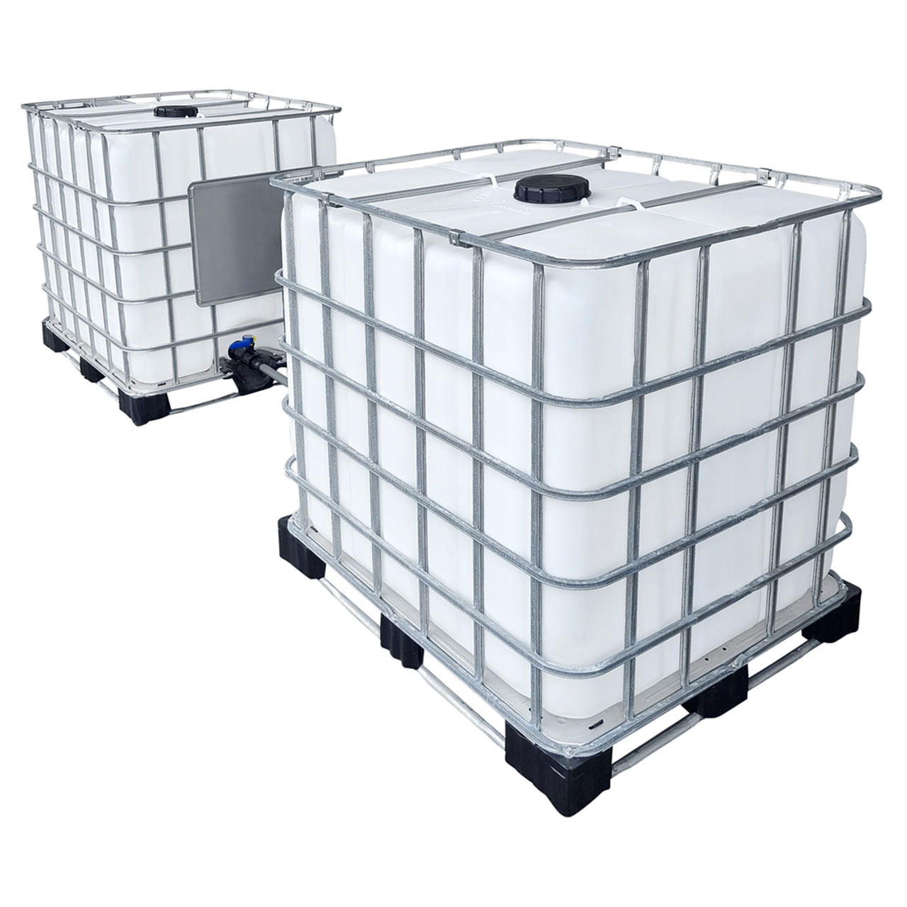 REKUBIK 2000l IBC Wassertank gegenüber mit Rohr Tankverbindung 50mm