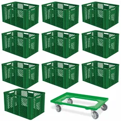 BRB 10 Euroboxen, 600x400x410 mm, lebensmittelecht, grün + 1 Transportroller, grün