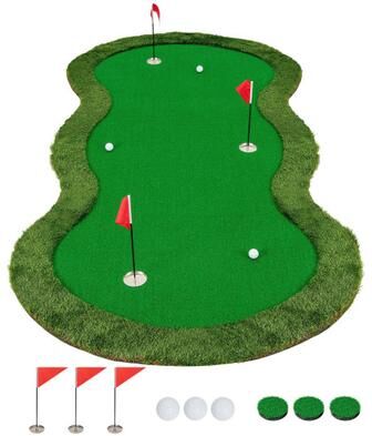 Costway 5 x 10 Feet Golf Practice Putting Green Mat with 3 Holes and Golf Balls for Home Office Backyard