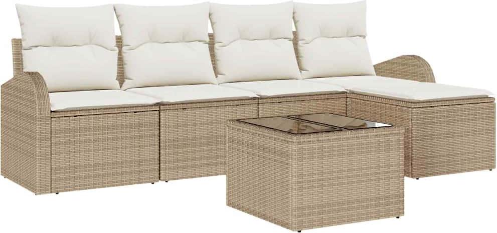 Modulares Garten-Sofa-Set, 6-teilig, Poly-Rattan, UV-beständig, wetterfest, mit Stauraumfächern, Beige/Weiß