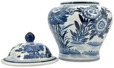 Galt International "15.5"" Blue & White Bamboo Floral Wide Ceramic Ginger Jar"