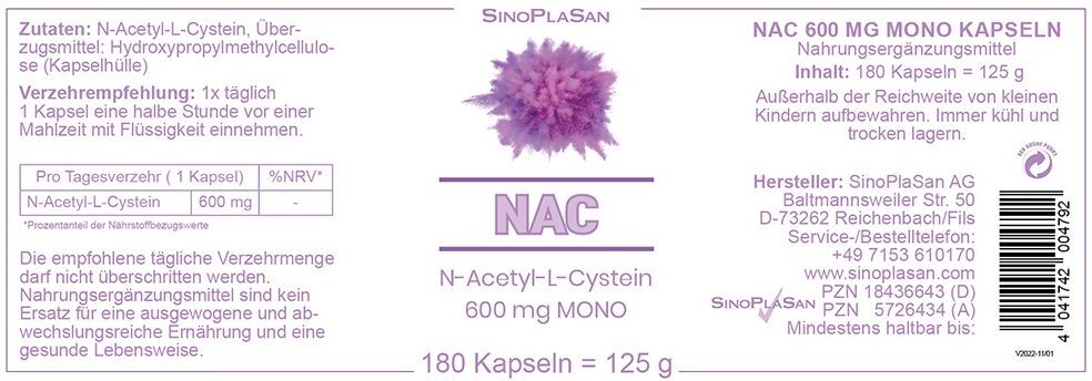 SinoPlaSan NAC 600 mg Mono Kapseln 180 St