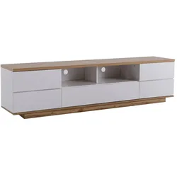 TV-Schrank 180x46x38 Weiß mit Holzmaserung und Gitterdesign, stilvoller TV-Ständer mit fünf Türen und offener Ablage