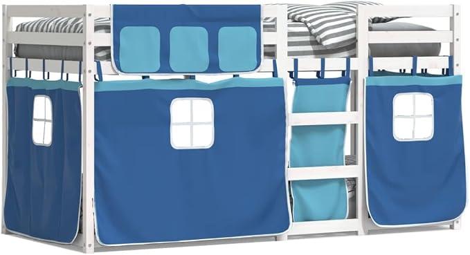 Etagenbett mit blauen Vorhängen, 80 x 200 cm, massives Kiefernholz, Hochbett für Kinder, Etagenbett, Hochbett mit Leiter, 3283902