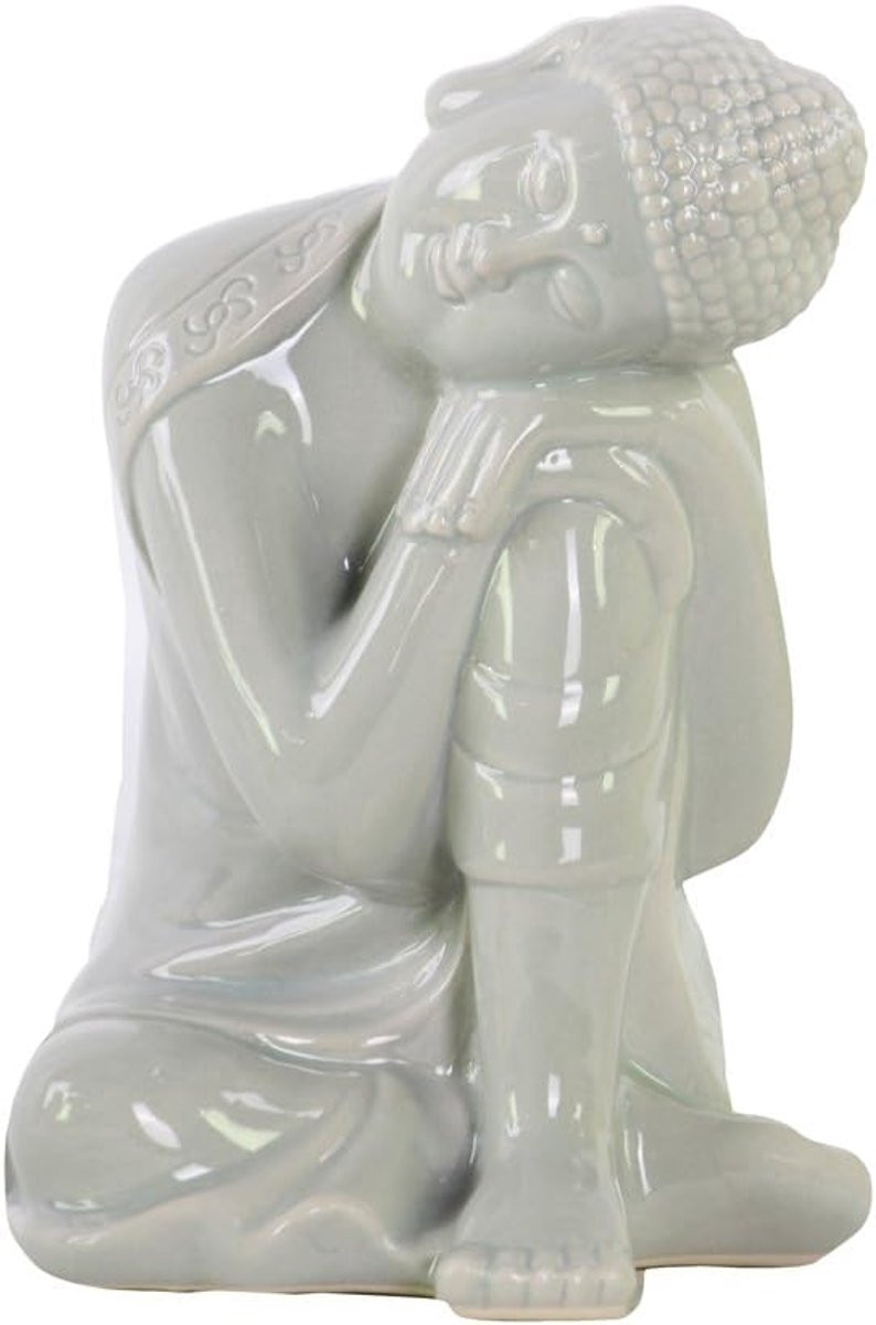 Zittende Boeddha Decoratief Beeld Grijs - Hoogte: 17 cm