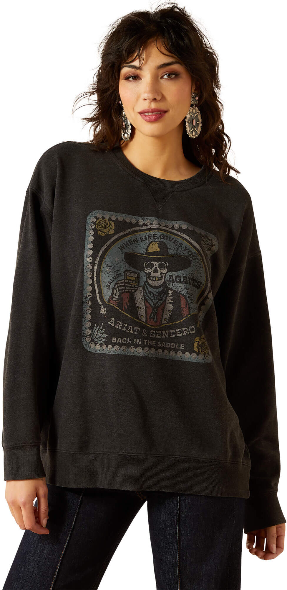 Women's Oversize Sendero When Life Gives You Agaves Sweatshirt in Black Mineral Wash, Size: Small by Ariat