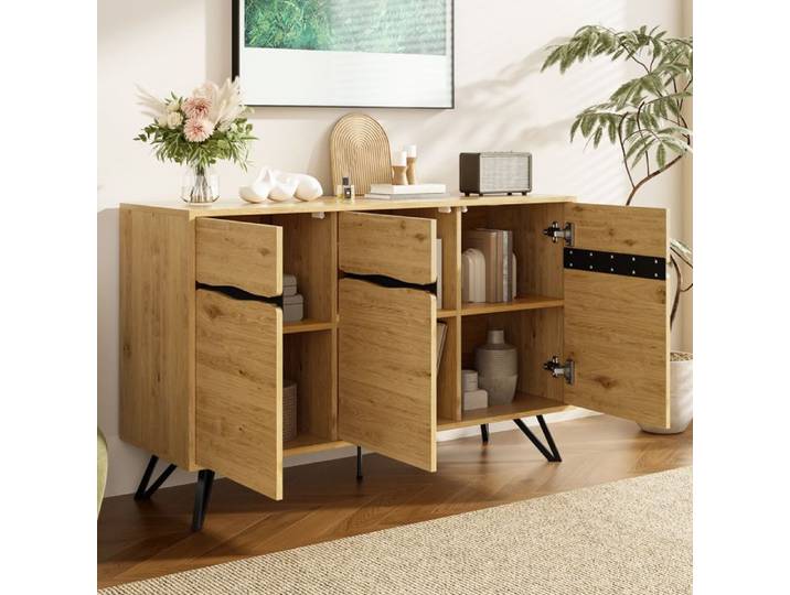LPOSPI Buffet moderne 3 portes grands espaces rangement bahut design salon salle à manger pieds métal effet bois 140x40x75 5 cm