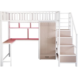 OKWISH Hochbett MDF und Metall Weiß 140x200 cm, mit Schreibtisch, Regal, Kleiderschrank, Schubladen, LED-Beleuchtung und Ladesteckdosen