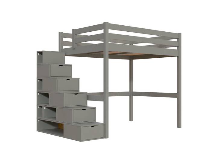 Lit mezzanine bois 140x200 Sylvia avec escalier cube 140x200 Gris