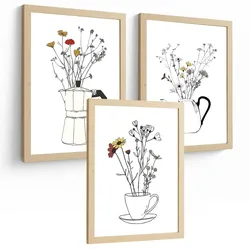 POSTER 3er Set Blumen in Kaffeekanne Wandbilder Mokkakanne Teekanne Tasse Strichzeichnung Küche Deko Rahmenlos A3