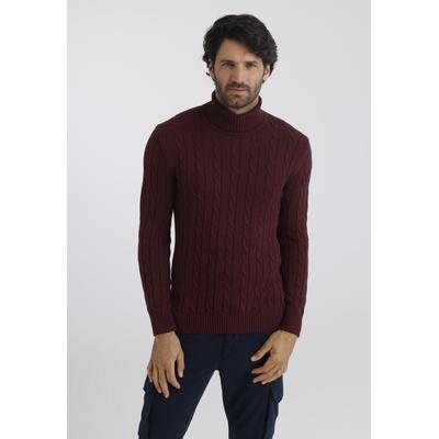 Rollkragenpullover FELIX HARDY "Rollkragenpullover mit Zopfmuster", Herren, Gr. L, bordeaux, 100% Baumwolle, hoch geschlossener Ausschnitt, Pullover Rollkragenpullover