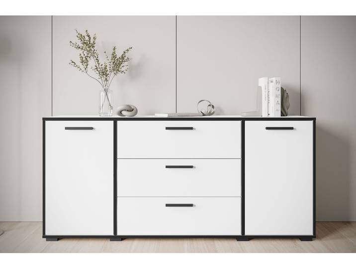 Sideboard HOME AFFAIRE BOGOTA , schwarz-weiss (weiß, schwarzen kanten), B:150cm H:68cm T:40cm, Sideboards, Sideboard, moderne Kommode, Schubladenschrank mit verstellbaren Einlegeböden