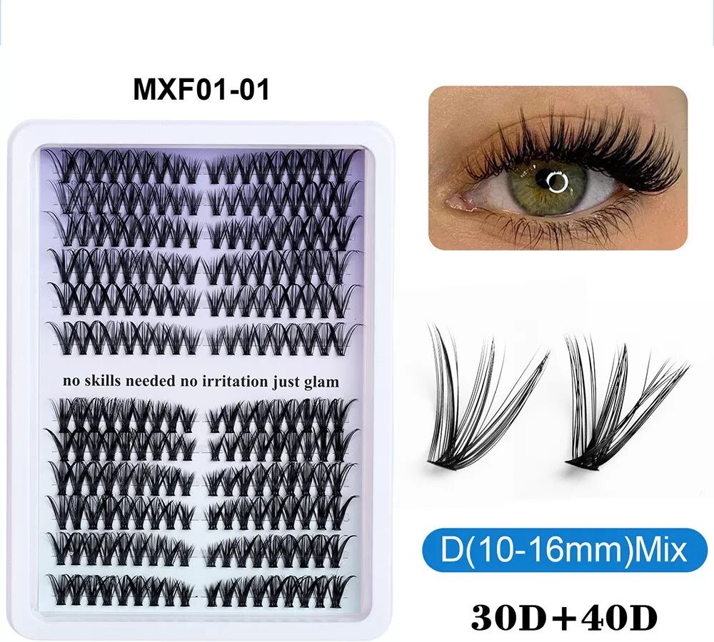 INF Kit d'extension de cils Volume - Faux cils en grappes denses, thermocollés, longueur mixte