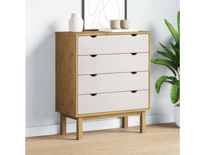 smnyxs Kommode OTTA braun und weiß, 76,5 x 39,5 x 90 cm, massives Skandinavischer Stil, 4 Schubladen, massives Kiefernholz, Wandbefestigung inklusive, Montageanleitung (evtl. nicht in