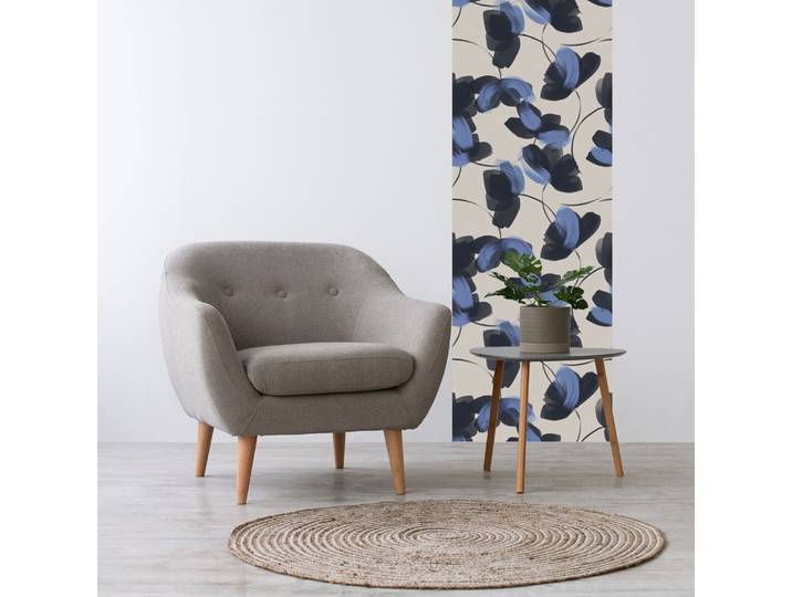 3D-Tapete QUEENCE Blaue Blüten, selbstklebendes Wandpaneel , grau,blau, B:60m H:250m, Vinyl, Tapeten, 3D-Tapete, 60 x 250 cm Fototapete, Mustertapete, Anbringung ohne Kleister