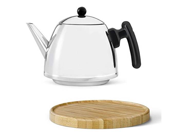 Bredemeijer Teekanne Set 1.2 Liter - Edelstahl doppelwandig silber glänzend - Kleiner klassischer Teebereiter ohne Filter - inkl. Holz-Untersetzer braun