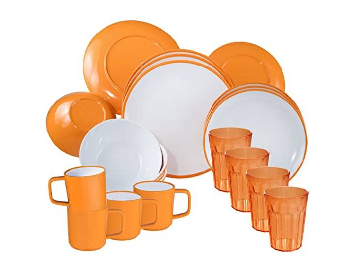 Camping Geschirr Set aus Melamin Glas 4 Personen 20 Teile gelb weiß 450ml