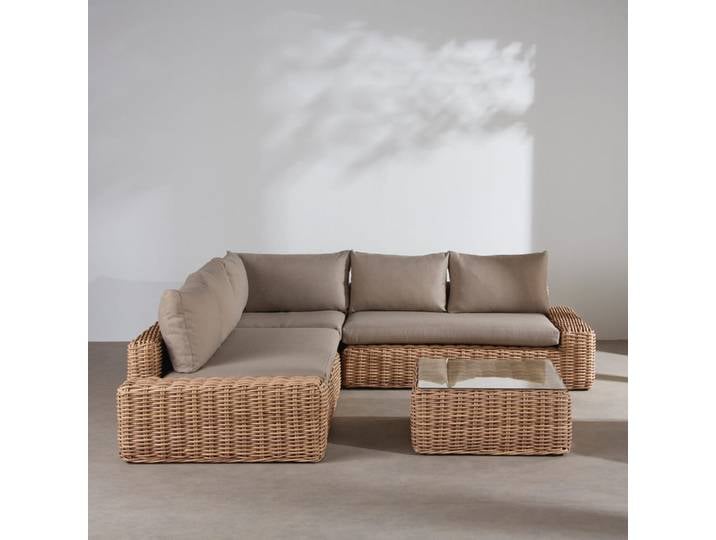 5-sitziges Gartenmöbelset aus recyceltem Kunstharzgeflecht in Rattanoptik und taupefarbenen Kissen aus recyceltem Polyester