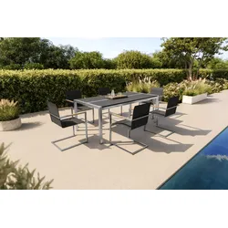 OUTFLEXX Garten-Essgruppe, schwarz/graphite, Edelstahl/Glaskeramik, Tisch 200x100cm, 6 Freischwinger-Stühle, pflegeleicht