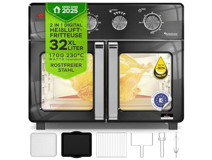 TurboTronic digitaler Heißluftofen - XXL 32 Liter mit Drehspieß für Hähnchen 4in1 Mini Backofen & Power Heißluftfritteuse Airfryer ab 80°C