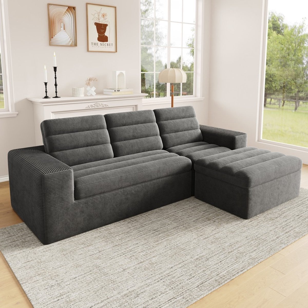 KOMHTOM Hoekbank - L-vormige Modulaire Bank - Corduroy Donkergrijs - Inclusief Matching Ottoman