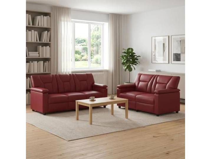 Sofa-Set 2 Stück Weinrot Kunstleder Metallrahmen,bequeme Kissen,Sperrholz-Armlehnen,Reißverschluss,Kunstleder-Finish