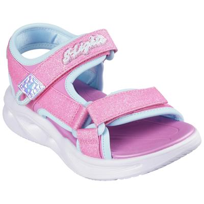 Sandale SKECHERS "SOLA GLOW SANDAL", Mädchen, Gr. 31, rosa (rosa, mint), Lederimitat, Textil, Glitzer, kontrastfarbene Details, Schuhe Sandale, Sommerschuh mit Klettverschluss, Größenschablone zum Download