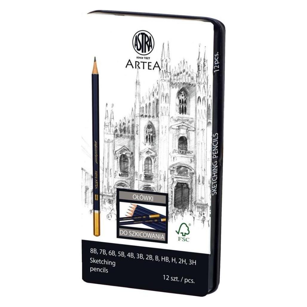 Astra Zestaw ołówków do szkicowania Artea mix 12 sztuk metalowym pudełku (2B, 2H, 3B, 3H, 4B, 5B, 6B, 7B, 8B, B, H, HB, 12x) (375453)