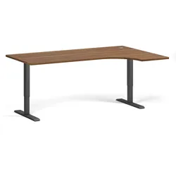 Höhenverstellbarer Schreibtisch, 2 Motoren, 74-121 cm, Ecke L/R, Tischplatte 180x120 cm, schwarzes Metallgestell, Nussbaum