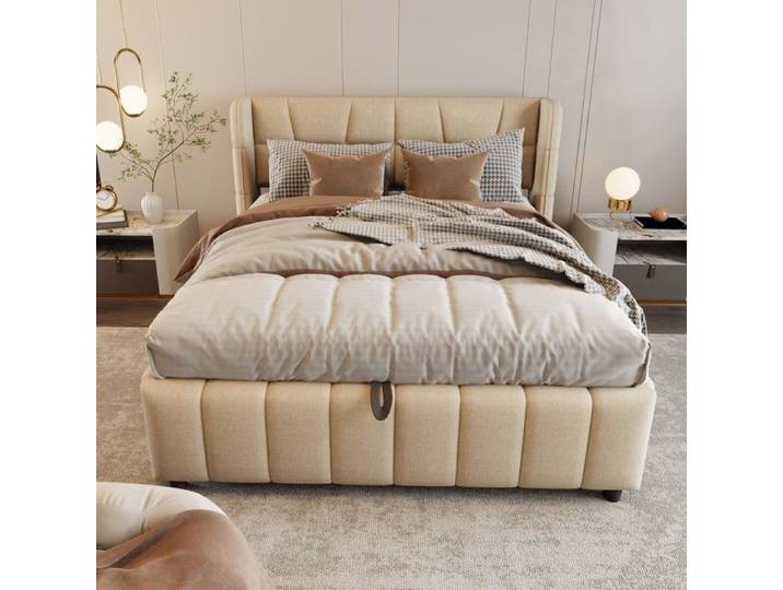Lit rembourré 140x200 cm en lin beige avec coffre hydraulique rembourré pour adulte design moderne